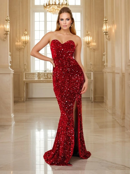 LVSANW Romagic Red Sequin Strapless Cocktail Prom Dresses Stretch Velvet Sexy Slit Leg Padded Backless Mermaid Formal Evening Dress