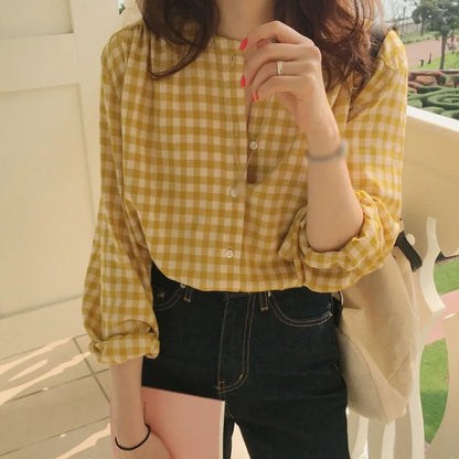 LVSANW Round Neck Plaid Women Shirt Female Loose Sweet Casual Long Sleeve Shirt Fashion Summer Sun Protection Jacket For Lady