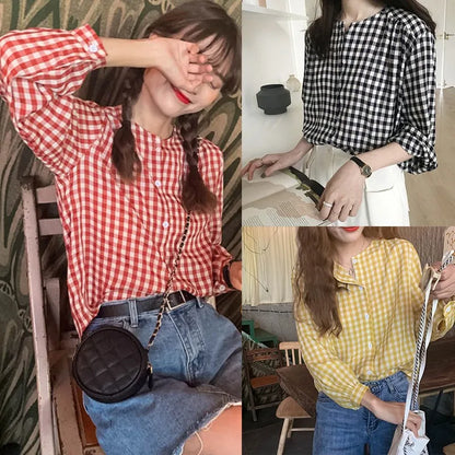 LVSANW Round Neck Plaid Women Shirt Female Loose Sweet Casual Long Sleeve Shirt Fashion Summer Sun Protection Jacket For Lady