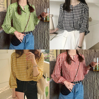 LVSANW Round Neck Plaid Women Shirt Female Loose Sweet Casual Long Sleeve Shirt Fashion Summer Sun Protection Jacket For Lady