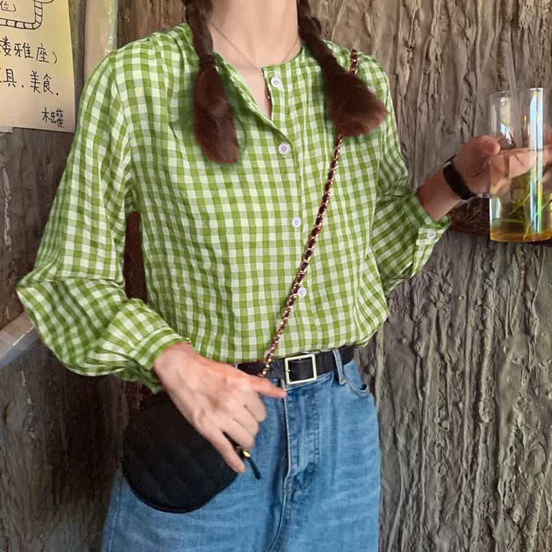 LVSANW Round Neck Plaid Women Shirt Female Loose Sweet Casual Long Sleeve Shirt Fashion Summer Sun Protection Jacket For Lady