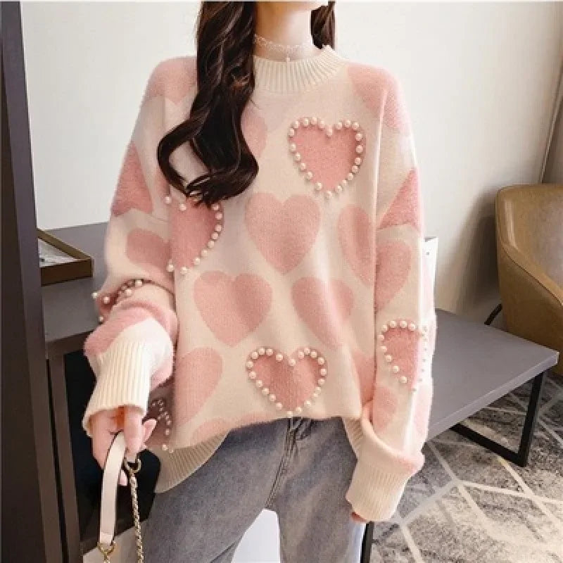 LVSANW Round Neck Sweater Women's Pullover Korean Style Loose Fit 2025 Autumn Collection New Heart Outer Wear Inner