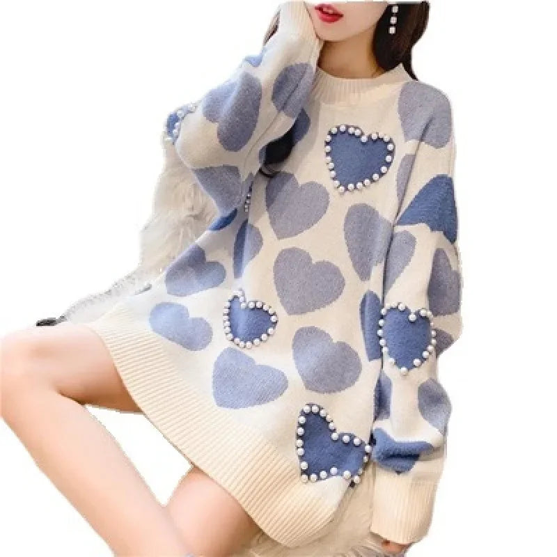 LVSANW Round Neck Sweater Women's Pullover Korean Style Loose Fit 2025 Autumn Collection New Heart Outer Wear Inner