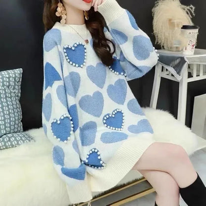 LVSANW Round Neck Sweater Women's Pullover Korean Style Loose Fit 2025 Autumn Collection New Heart Outer Wear Inner