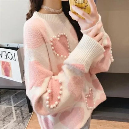 LVSANW Round Neck Sweater Women's Pullover Korean Style Loose Fit 2025 Autumn Collection New Heart Outer Wear Inner