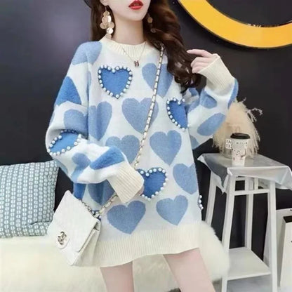 LVSANW Round Neck Sweater Women's Pullover Korean Style Loose Fit 2025 Autumn Collection New Heart Outer Wear Inner