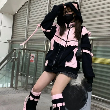 LVSANW Ruffled Spliced Japanese Y2k Plush Coat Cat Ears Kawaii Hooded Jacket Girl Bucket Decor Harajuku Sweatshirt Cute Women Outerwear