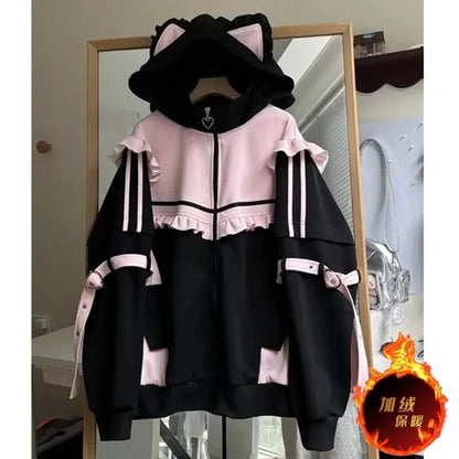 LVSANW Ruffled Spliced Japanese Y2k Plush Coat Cat Ears Kawaii Hooded Jacket Girl Bucket Decor Harajuku Sweatshirt Cute Women Outerwear