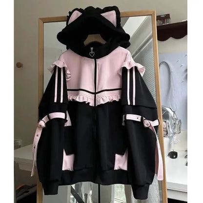 LVSANW Ruffled Spliced Japanese Y2k Plush Coat Cat Ears Kawaii Hooded Jacket Girl Bucket Decor Harajuku Sweatshirt Cute Women Outerwear