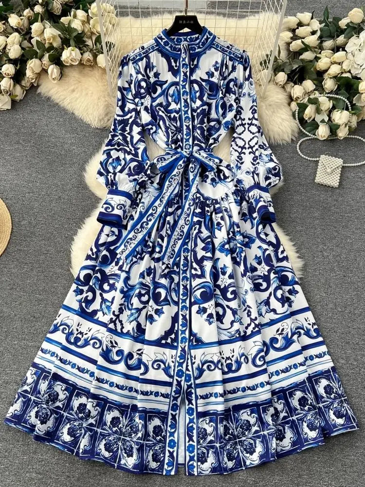 LVSANW Runway Red Blue And White Porcelain Print Holiday Maxi Dress Women's Stand Single Breasted Loose Lace Up Belt Long Robe Vestido