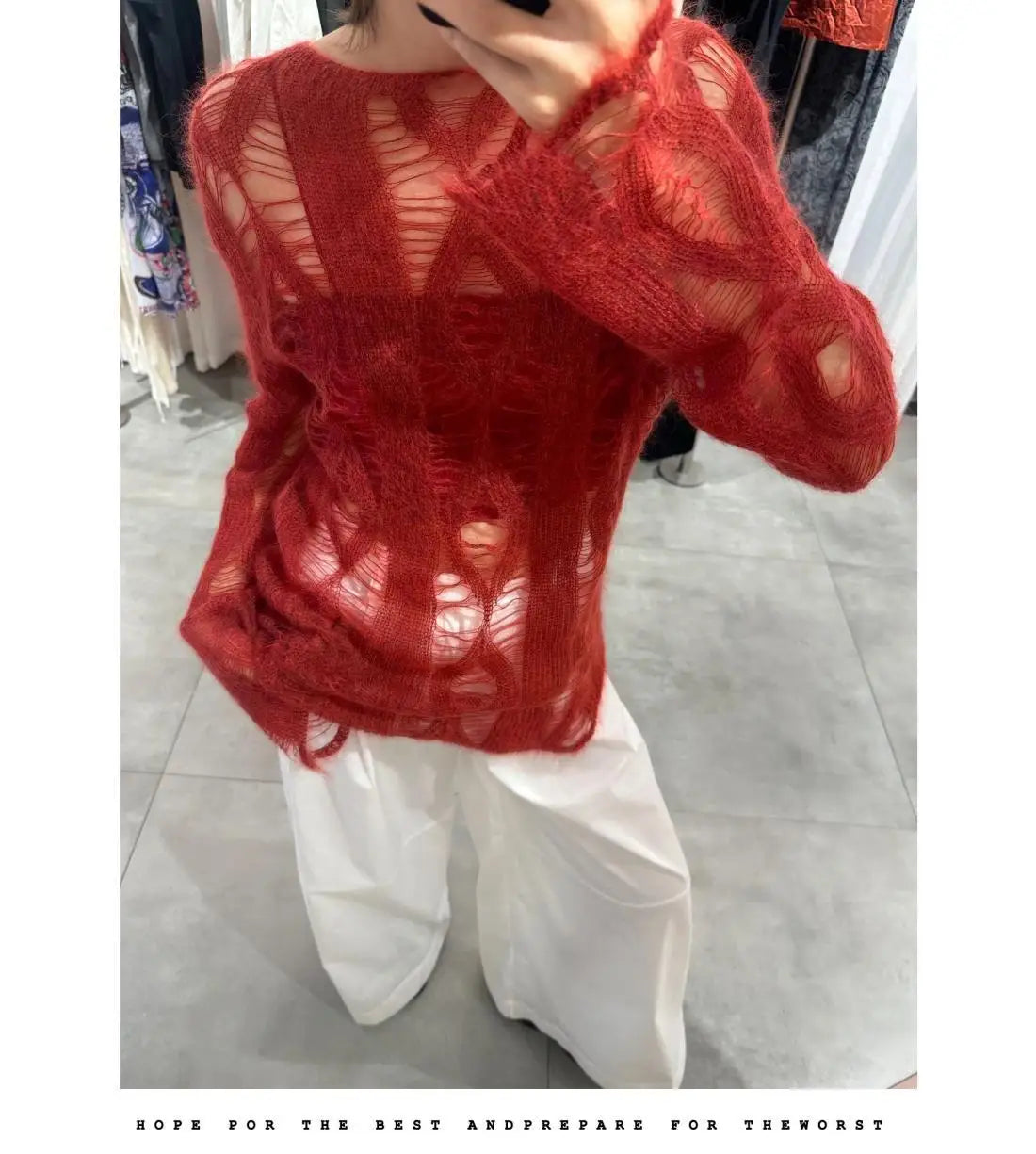 LVSANW Red Hollowed Out Knitted Top Spring and Autumn New Style Versatile for Spicy Girls Knitted Sweater Sweater Inner Outfit