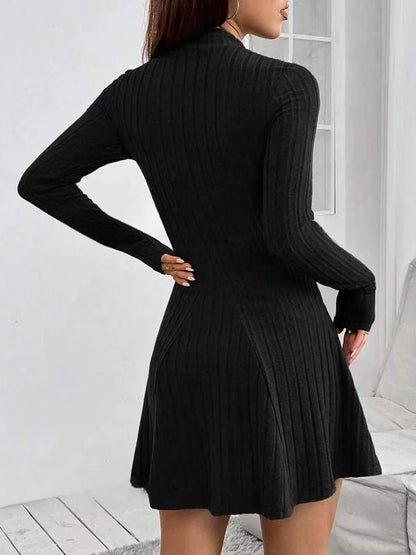 LVSANW Women's slim fit half high collar waist cinched A-line skirt long sleeved pit stripe dress