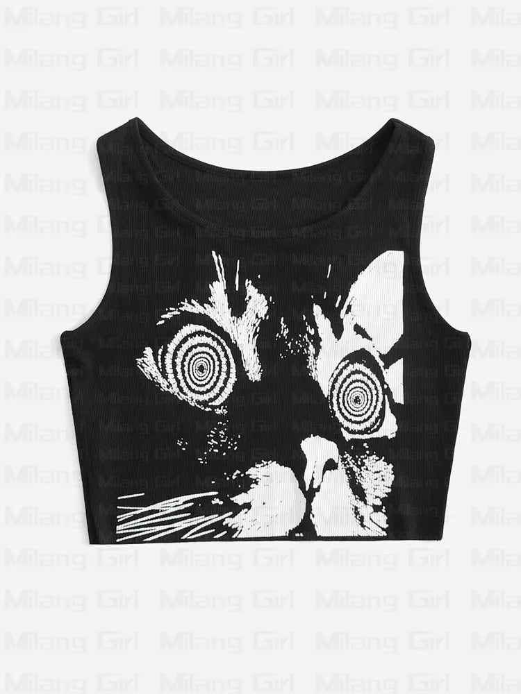 LVSANW E-girl Gothic Grunge Crop Tops Vintage Women Kawaii Cat Graphics Black Tops Retro lovely kitten Mini Vest Punk Style Emo Clothes