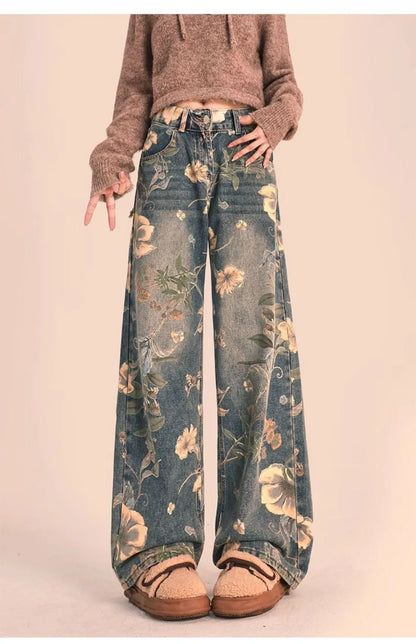 LVSANW HOUZHOU Y2K Floral Printed Jeans for Women Harajuku High Waisted Denim Pants Female Retro Loose Casual Streetwear Trousers