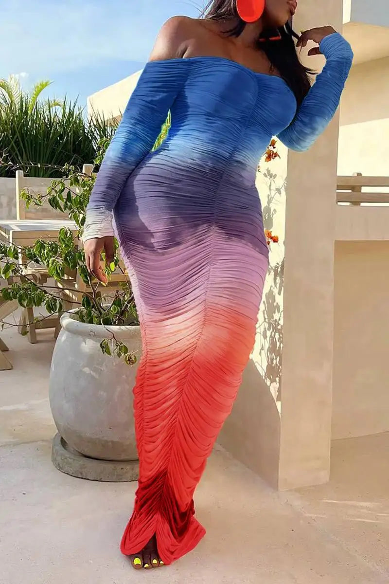 LVSANW Elegant Pretty Women's Dresses Plus Size Shirring Ruched Tie Dye Off the Shoulder Long Sleeve Bodycon Slim Wedding Guest Dress