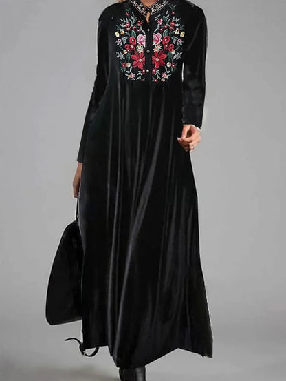 LVSANW Velvet Vintage Women Maxi Dress Flower Embroidery Round Neck Long Sleeves Evening Dress Slim Fit Pleated Bodycon Prom Dress