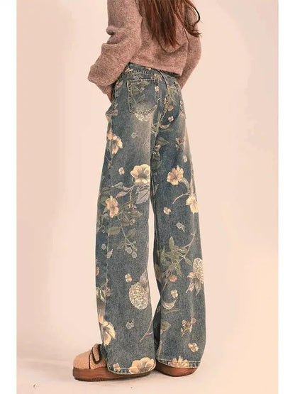 LVSANW HOUZHOU Y2K Floral Printed Jeans for Women Harajuku High Waisted Denim Pants Female Retro Loose Casual Streetwear Trousers