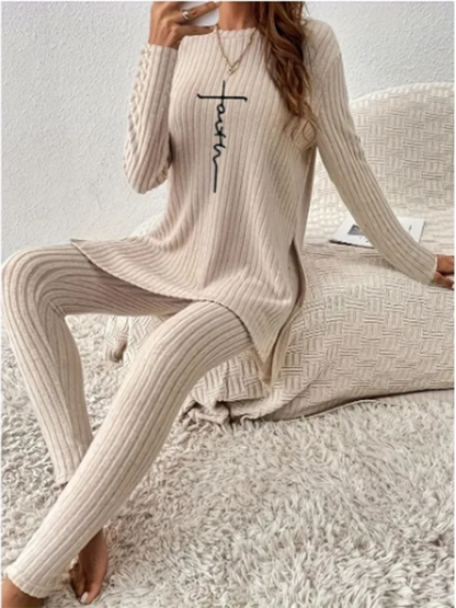 LVSANW Casual Solid Color Winter Knitted Suit Women Two-Piece Long Sleeve Split Top Slim Fit Pants Autumn Fashion Set