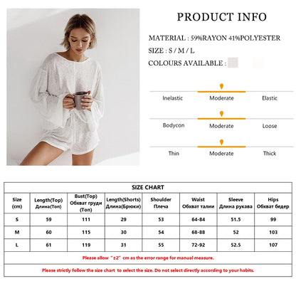 LVSANW Marthaqiqi Casual White Women'S Nightgowns Set O-Neck Sleepwear Long Sleeve Nightwear Shorts Loose Ladies Pajamas 2 Piece Suits