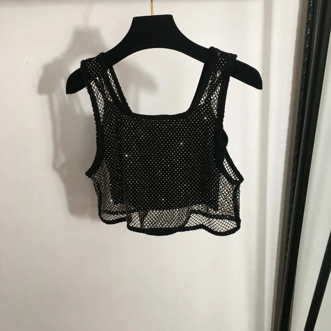 LVSANW Women's Fishnet Rhinestone Crop Top 2024 Summer Sexy Mesh High Elastic  Shirt Net See Through Rave Diamond Tank Top