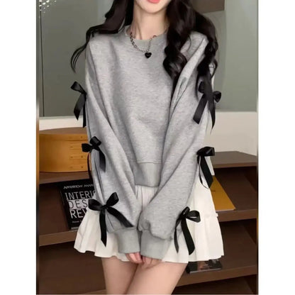 LVSANW Oversized Fashion Fashionable Bow Sweatshirts Women Autumn All-match Pullover Long Sleeve Top Tee Femme Simplicity Lacing Tshirt