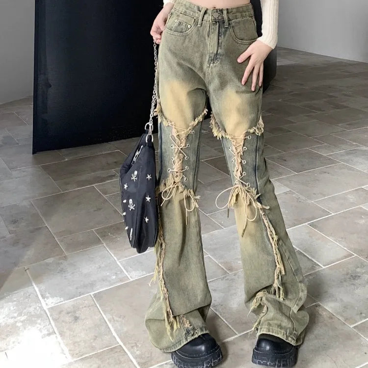 LVSANW Oversize American Retro Straight Casual Pants Y2k Grunge High Waist Loose Wide Leg  2024 New Bell Bottom Jeans Women