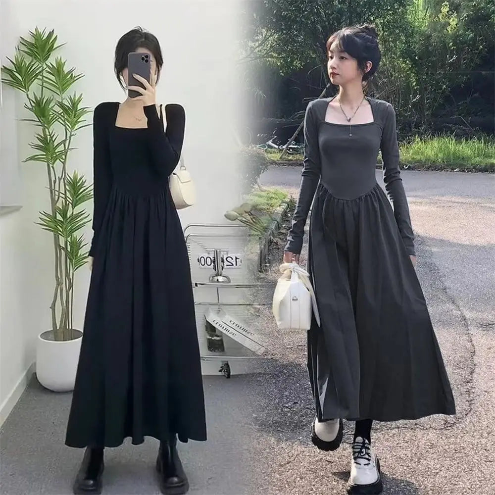 LVSANW Women's Autumn Fashion Simplicity Solid Color Square Collar Long Sleeve Dresses Women Clothes Elegant Temperament Long Dress