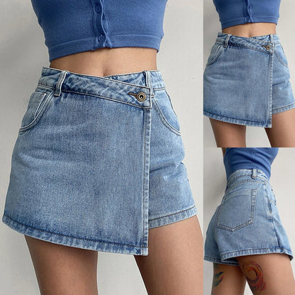 LVSANW Denim Skirt Shorts Women Y2K Casual Summer Solid High Waist Shorts Asymmetrical A-Line Female Streetwear Jean Mini Skirts Shorts