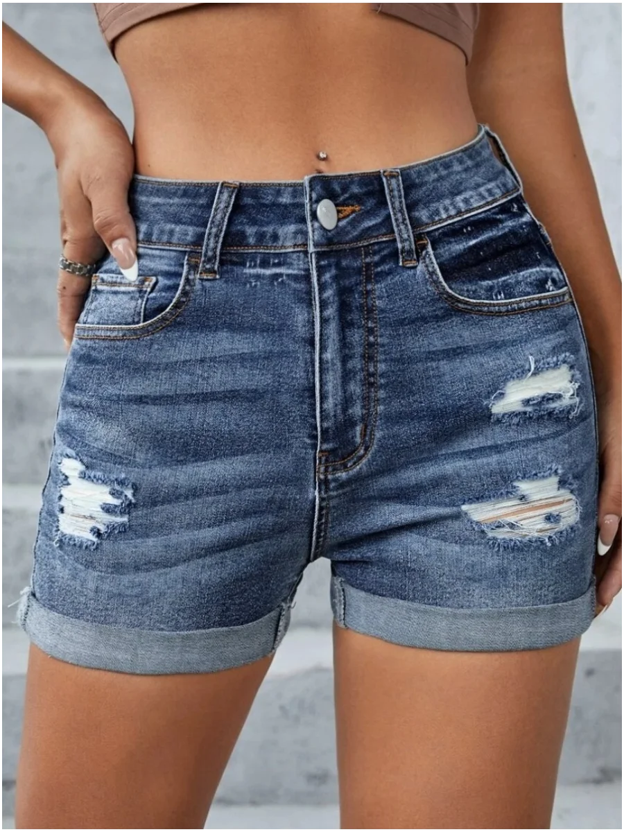 LVSANW LW High Waist Ripped Pocket Design Solid Skinny Stretchy Denim Shorts Women Casual Ripped Stretchy Cuffed Hem Hot Jean Pants