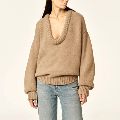 LVSANW Women s Cozy Oversized Sweater with Ribbed Detailing and Slouchy Fit Casual Long Sleeve V-Neck Knit Pullover for Fall