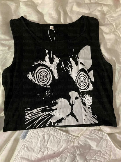 LVSANW E-girl Gothic Grunge Crop Tops Vintage Women Kawaii Cat Graphics Black Tops Retro lovely kitten Mini Vest Punk Style Emo Clothes