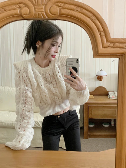 LVSANW White Cropped Pullovers Tops 2025 Women's Clothing O-neck Puff Sleeve Jumper Y2k Tops Chic Hollow Out Knit Thin Sweater Sueter