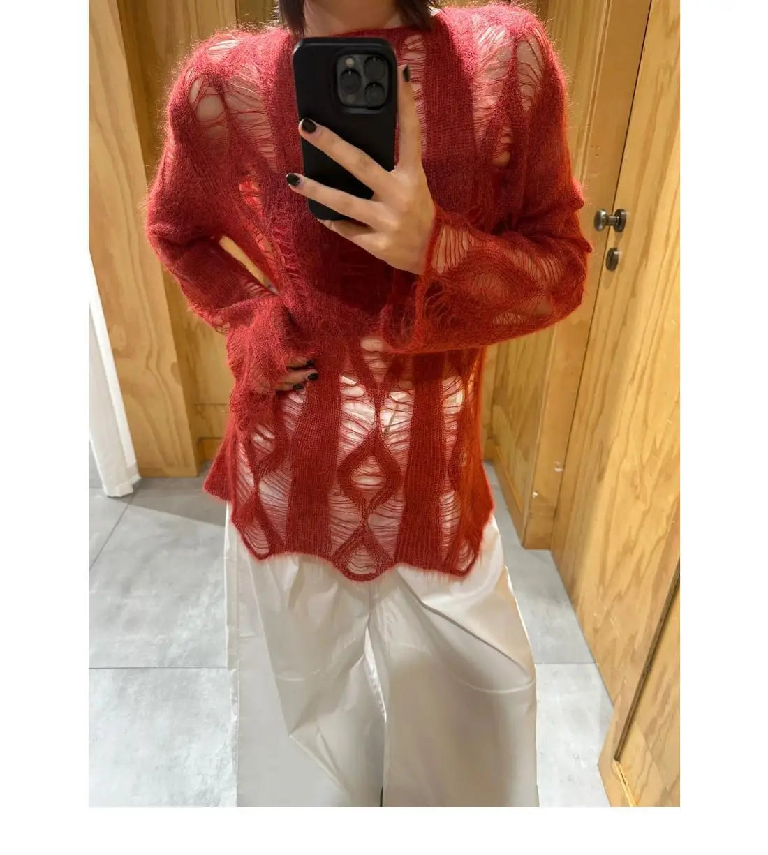 LVSANW Red Hollowed Out Knitted Top Spring and Autumn New Style Versatile for Spicy Girls Knitted Sweater Sweater Inner Outfit