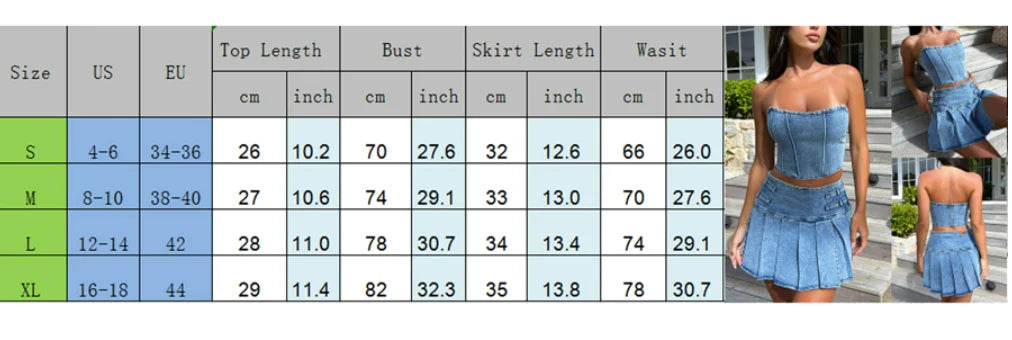 LVSANW Women Blue Denim 2 Piece Skirt Set Sexy Cropped Strapless Tube Top and Pleated Short Skirt Set Summer Party Club Outfits