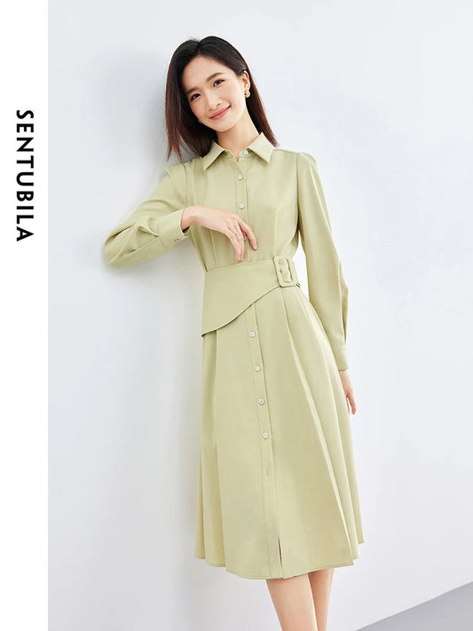 LVSANW SENTUBILA Polo Collar Light Green Shirt Dress 2024 Spring Solid Single Breasted Belt A-line Long Sleeve Midi Dresses 141L52935