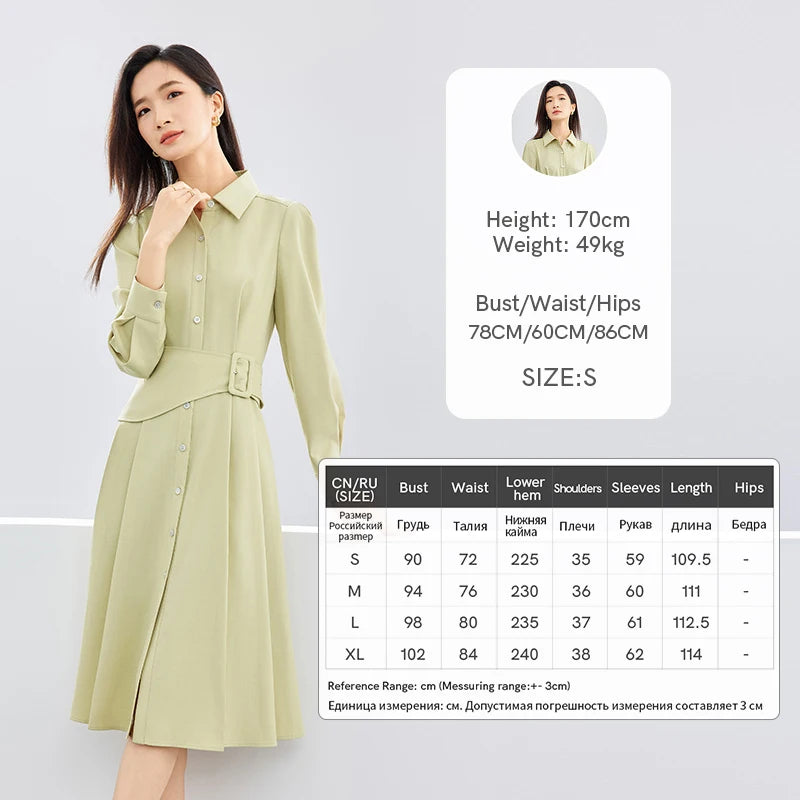 LVSANW SENTUBILA Polo Collar Light Green Shirt Dress 2024 Spring Solid Single Breasted Belt A-line Long Sleeve Midi Dresses 141L52935