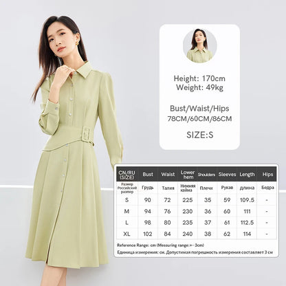 LVSANW SENTUBILA Polo Collar Light Green Shirt Dress 2024 Spring Solid Single Breasted Belt A-line Long Sleeve Midi Dresses 141L52935