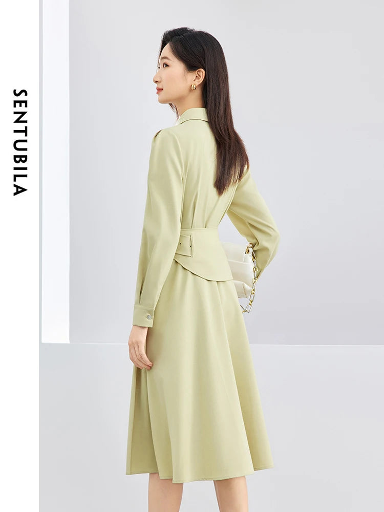 LVSANW SENTUBILA Polo Collar Light Green Shirt Dress 2024 Spring Solid Single Breasted Belt A-line Long Sleeve Midi Dresses 141L52935