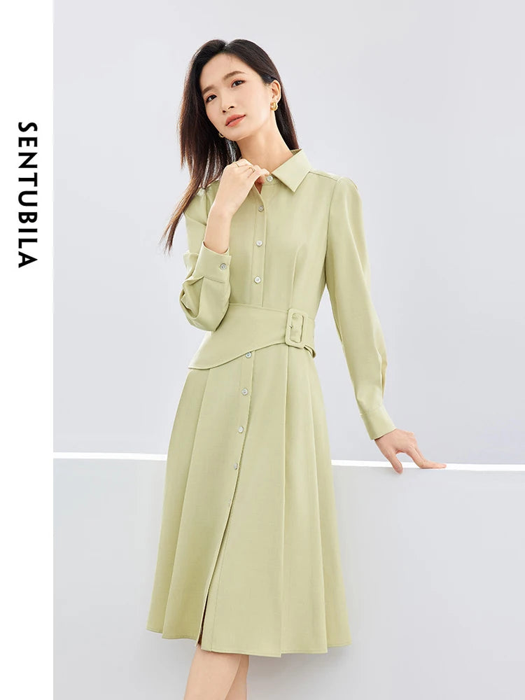 LVSANW SENTUBILA Polo Collar Light Green Shirt Dress 2024 Spring Solid Single Breasted Belt A-line Long Sleeve Midi Dresses 141L52935