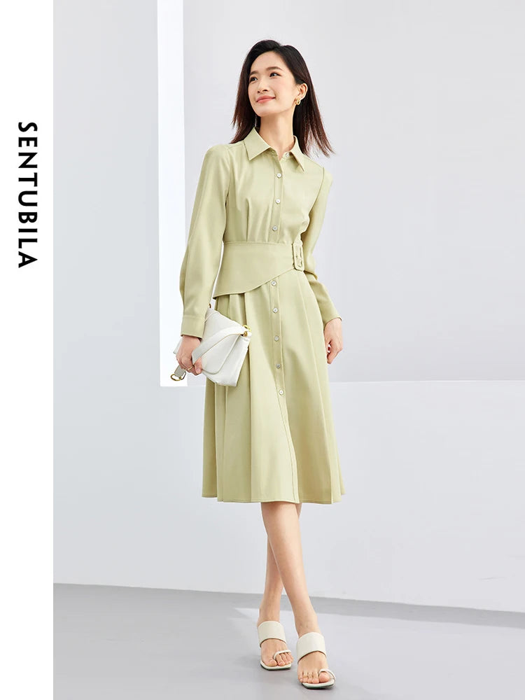 LVSANW SENTUBILA Polo Collar Light Green Shirt Dress 2024 Spring Solid Single Breasted Belt A-line Long Sleeve Midi Dresses 141L52935