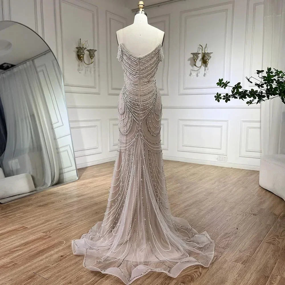 LVSANW SERENE HILL Customized Dubai Luxury Beaded White Nude Mermaid Evening Dress 2025 Off Shoulder Sexy For Women Party Gown CLA72253