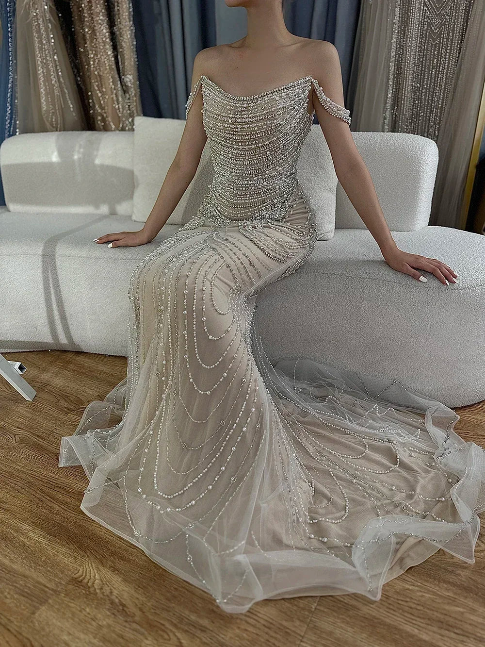 LVSANW SERENE HILL Customized Dubai Luxury Beaded White Nude Mermaid Evening Dress 2025 Off Shoulder Sexy For Women Party Gown CLA72253