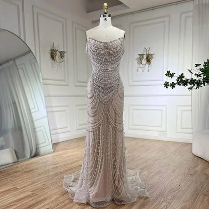 LVSANW SERENE HILL Customized Dubai Luxury Beaded White Nude Mermaid Evening Dress 2025 Off Shoulder Sexy For Women Party Gown CLA72253