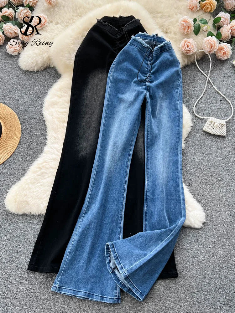 LVSANW SINGREINY American Retro Women Long Jeans Drawstring Zipper Design Flare Britches Streetwear Vintage Hotsweet Ins Denim Pants