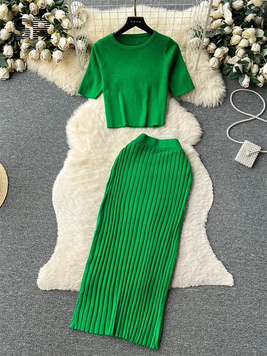 LVSANW SINGREINY Casual Two Piece Sets Women Summer O Neck Top Elastic Waist Long Skirt Fashion Office Lady Korean Knit Suit