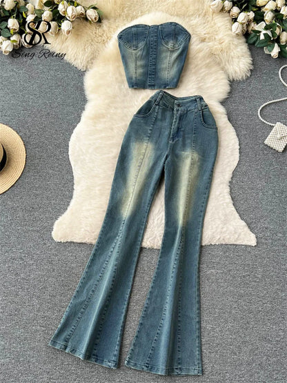 LVSANW SINGREINY Fashion Streetwear Denim Two Pieces Sets Women Strapless Top+Wide Legs Long Jeans Summer American Retro Sexy Suits