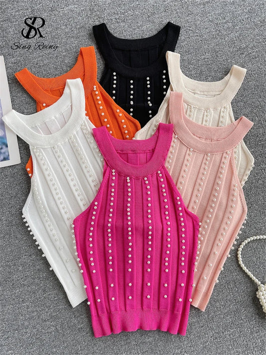 LVSANW SINGREINY Hotsweet Pearls Women Tops Strapless Backless Slim Fit Senior 2024 Korean Style Fashion Streetwear Mini Knitted Tank