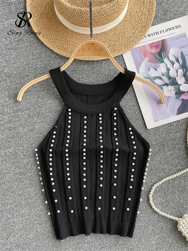 LVSANW SINGREINY Hotsweet Pearls Women Tops Strapless Backless Slim Fit Senior 2024 Korean Style Fashion Streetwear Mini Knitted Tank