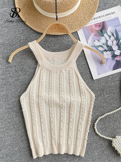 LVSANW SINGREINY Hotsweet Pearls Women Tops Strapless Backless Slim Fit Senior 2024 Korean Style Fashion Streetwear Mini Knitted Tank