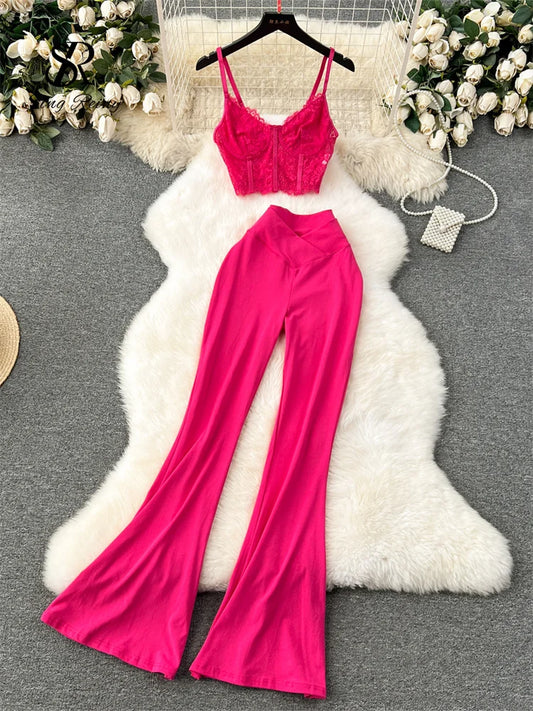 LVSANW SINGREINY Hotsweet Sexy Sets Strap Sleeveless Lace Tops+High Waist Flare Pants Women Fashion Solid Vacation Style Summer Suits